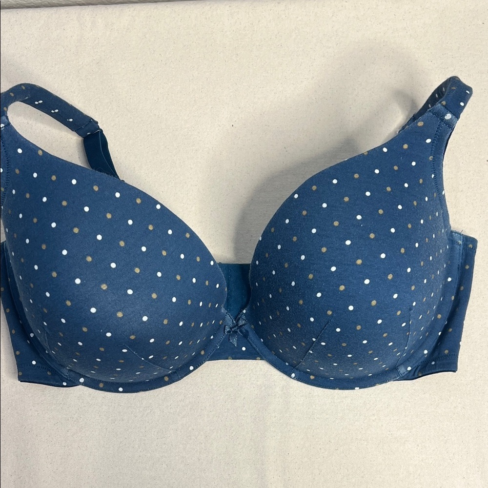 Cacique Cotton Boost Plunge Bra 42F Blue Polka Dot Smooth Lift Support
